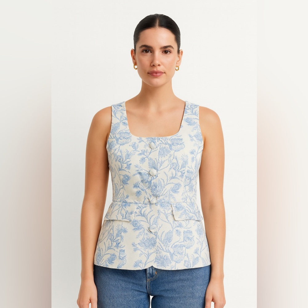 Commense‎ Jacquard Peplum Style Vest Off White With Blue Floral Pattern Size XL